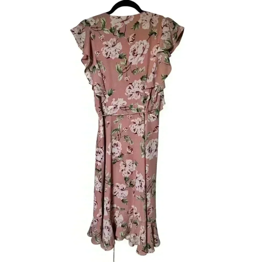 Charles Henry Floral Wrap‎ Dress Size Small Pink Lined Short Flutter Sleeves